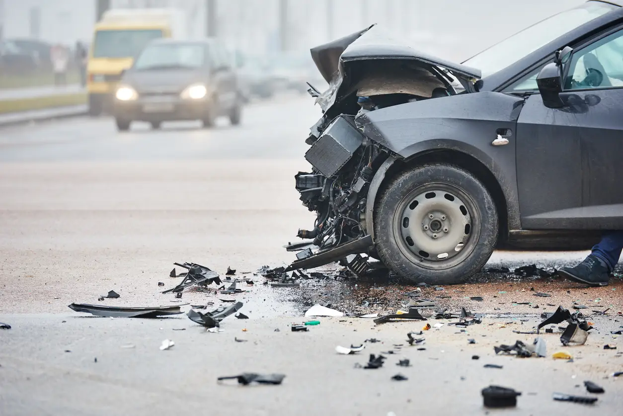 The heavily damaged front end of a car after an accident in Lancaster, PA.