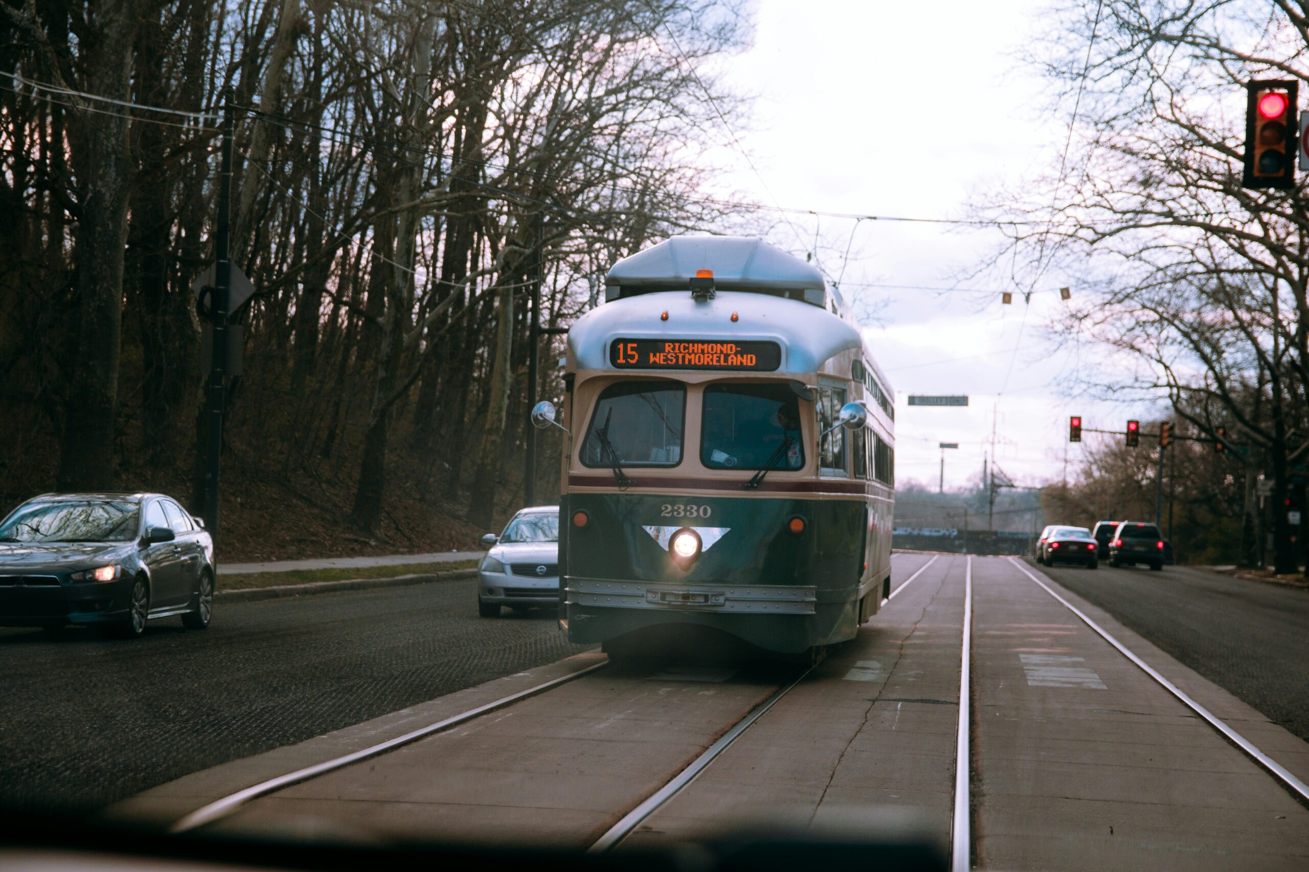 A green Philadelphia SEPTA trolley.