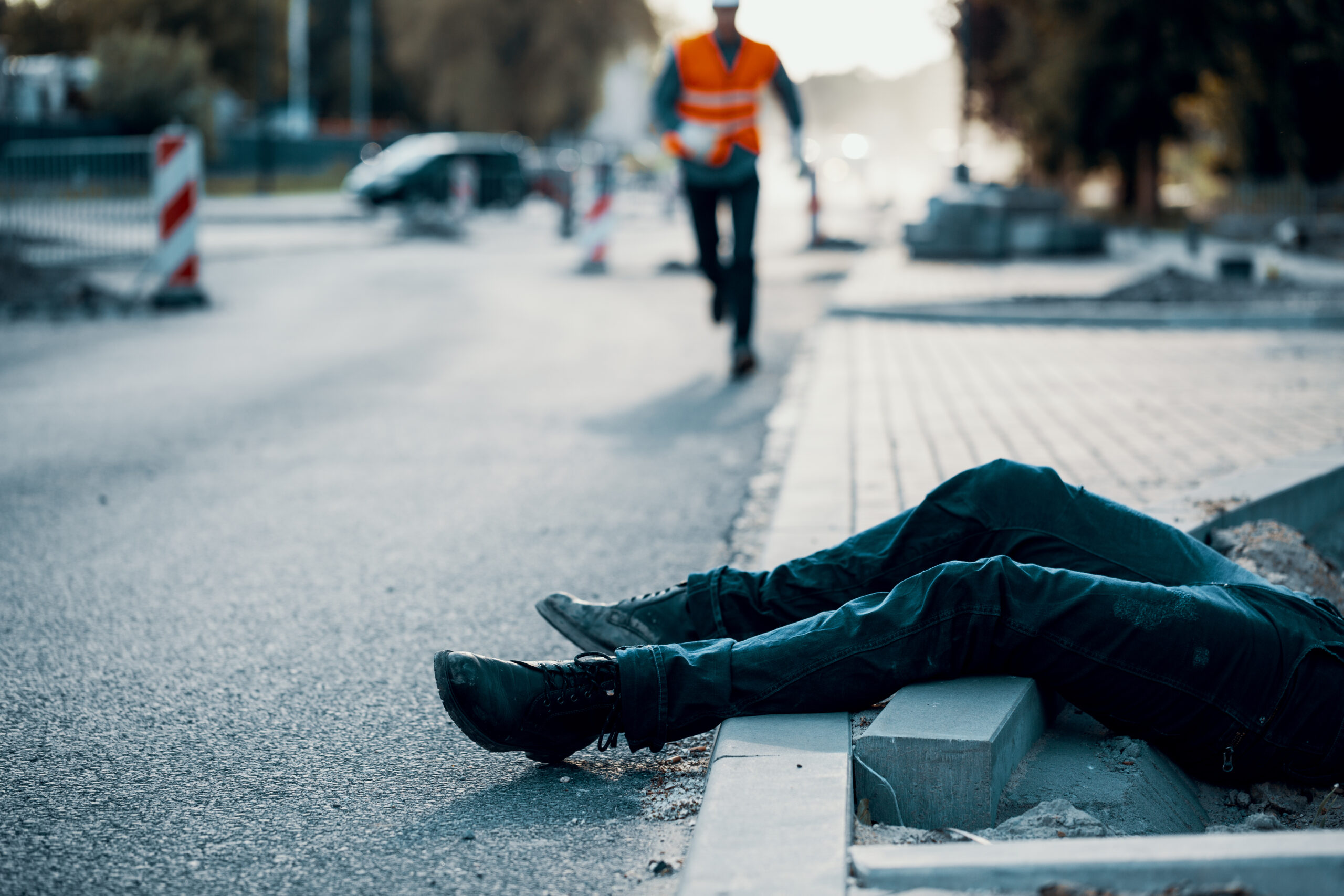 An injured person is on the ground after tripping and falling on a broken and defective sidewalk.